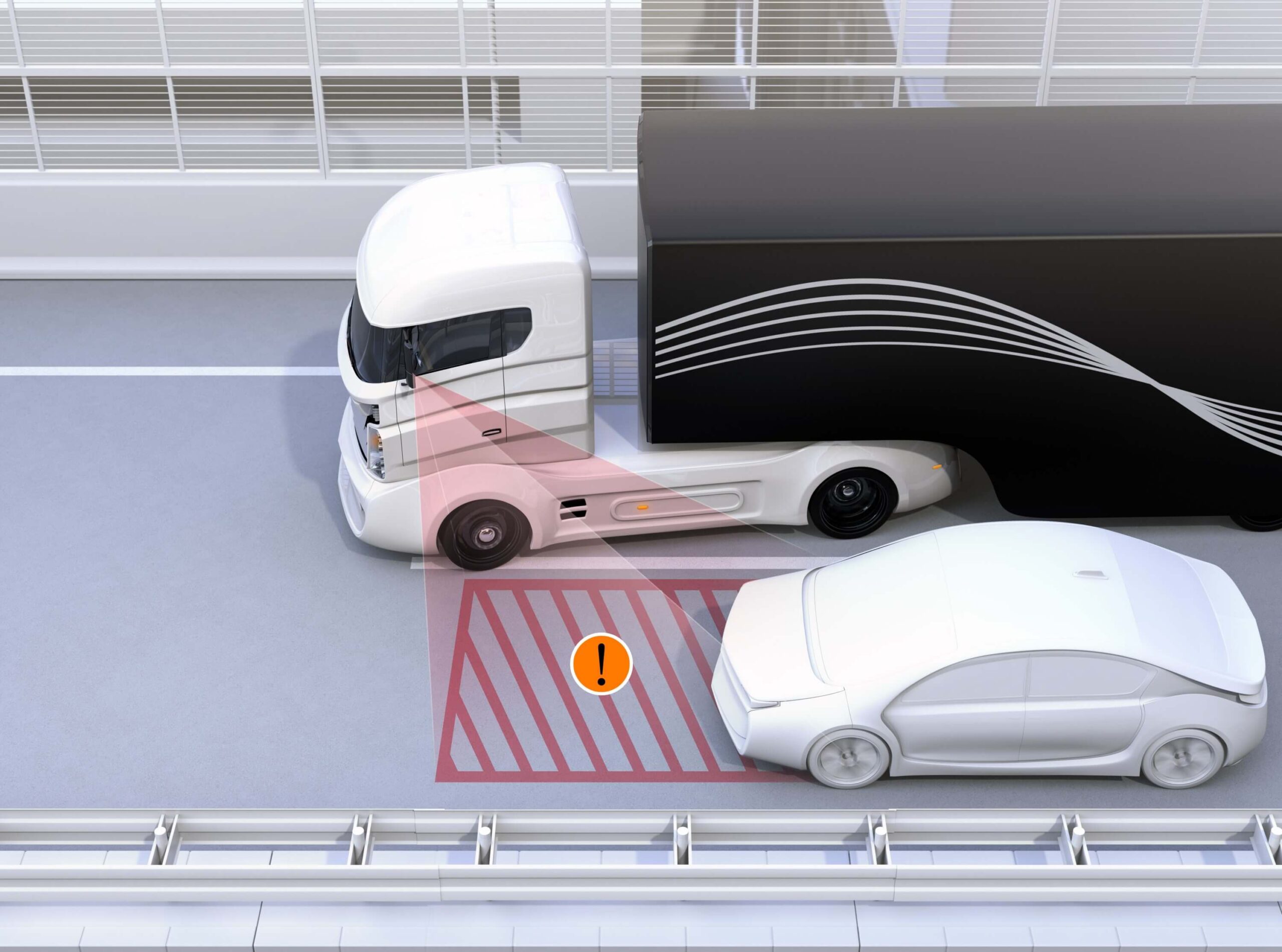 diorama of semi truck blind spot with car