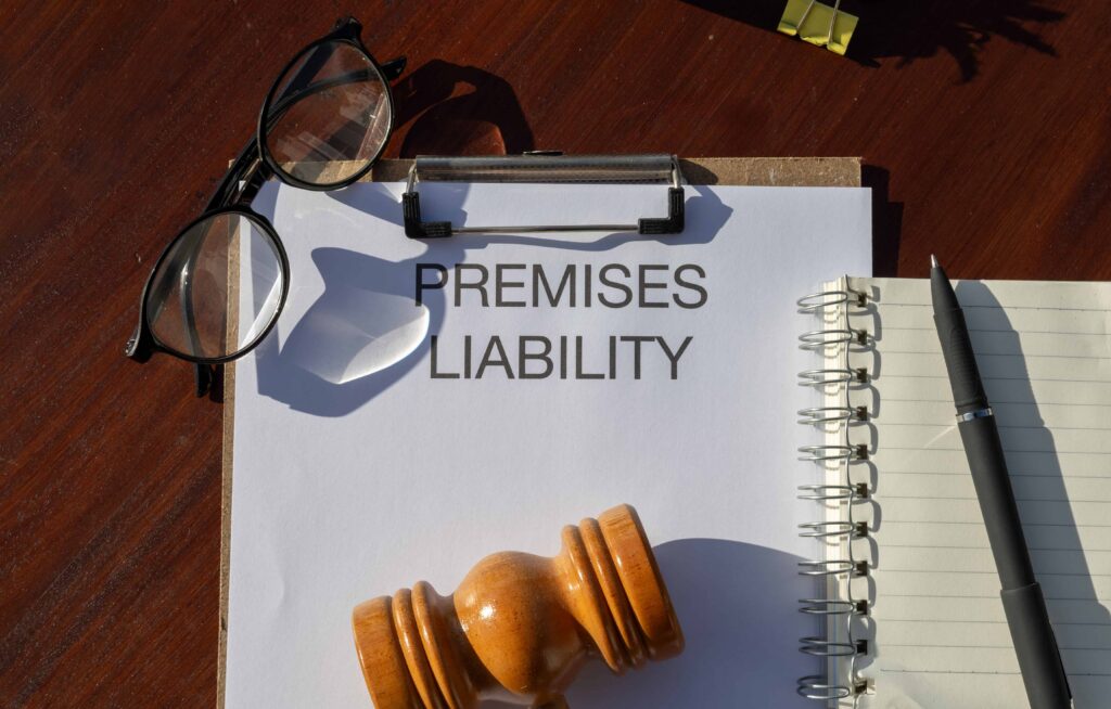 Premises liability document on clipboard with gavel, eyeglasses, and notepad on a wooden desk