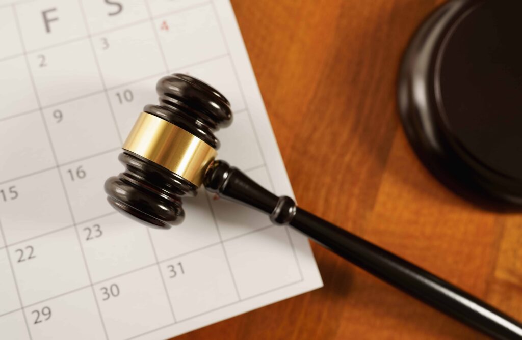 Judge&rsquo;s gavel resting on a court calendar, symbolizing an upcoming court date, legal hearing, or scheduled trial in a legal case.