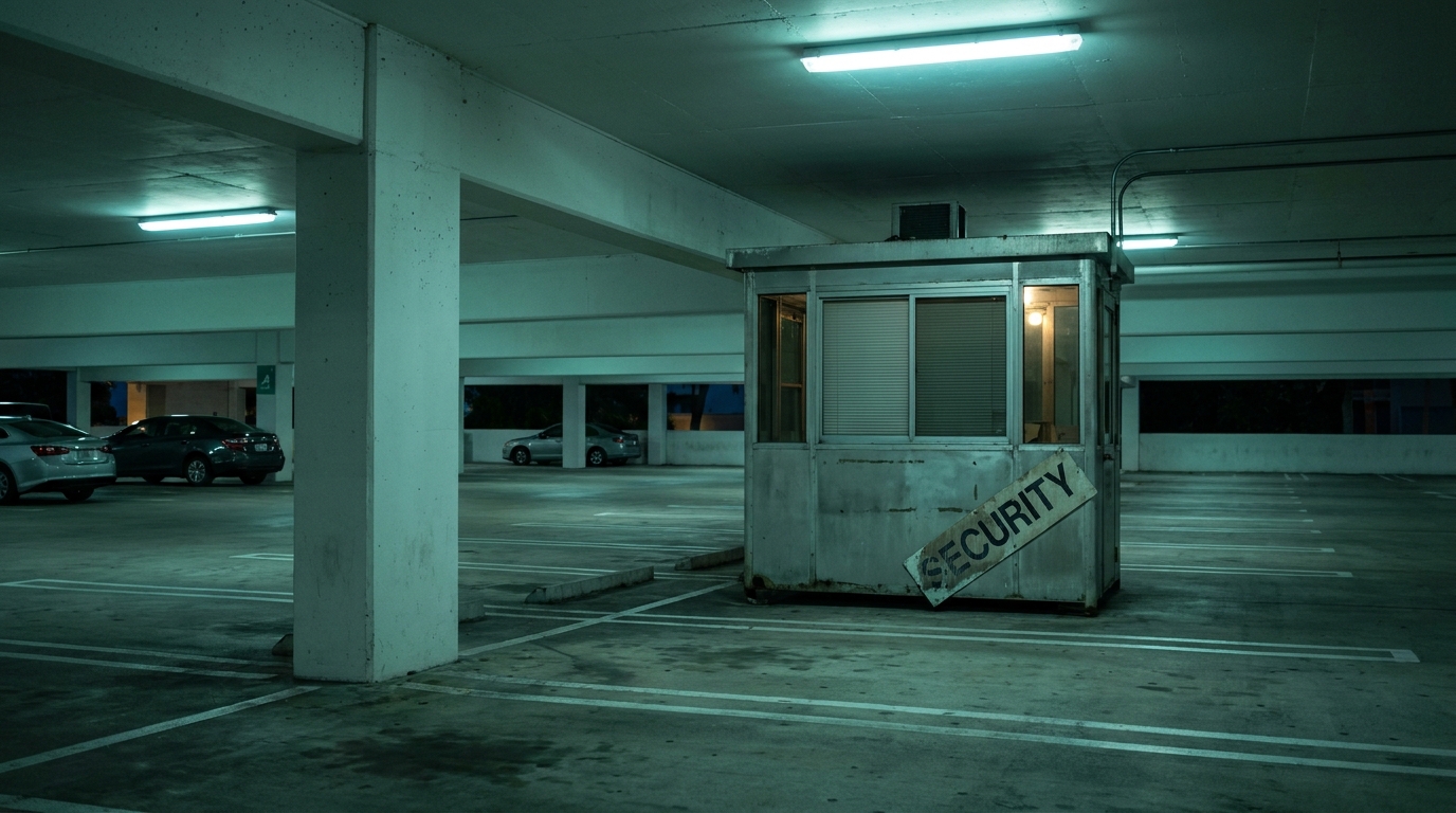 Security booth with visible signage inside dimly lit parking structure at night
