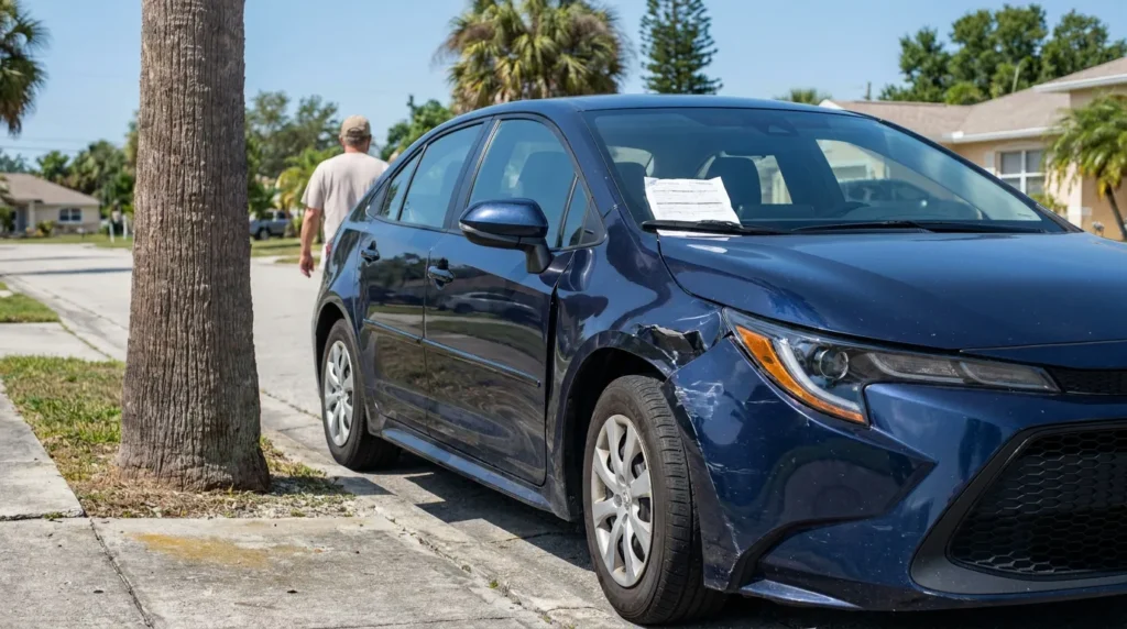 sedan with front-end collision damage and document placed on dashboard parked roadside