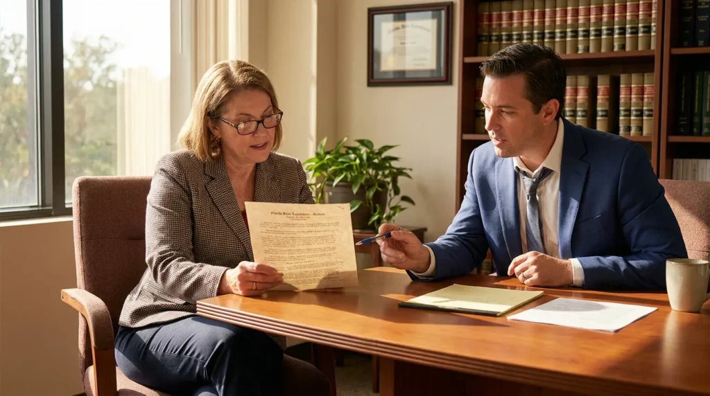 attorney and client reviewing Florida State Legislature document at office desk