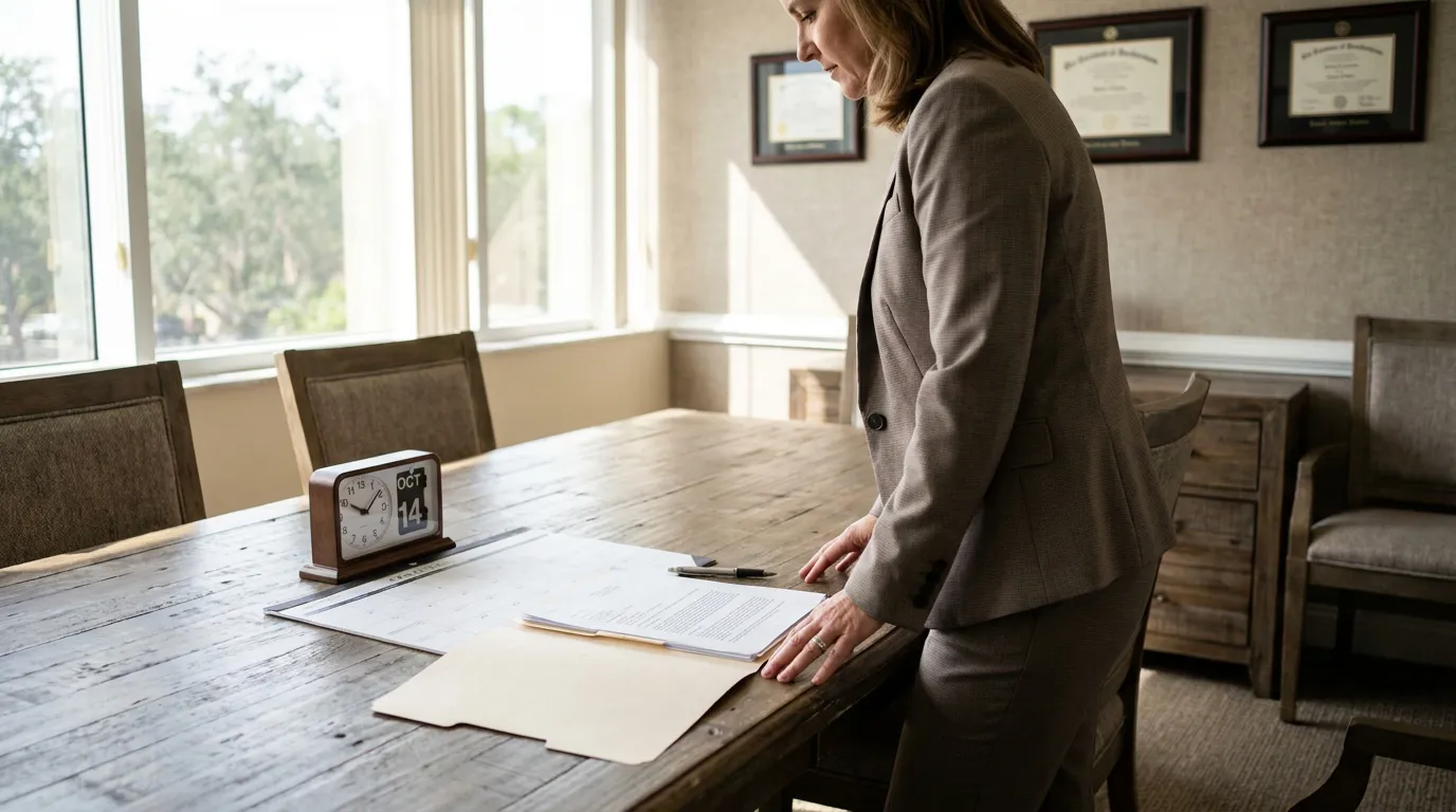 female attorney reviewing open legal documents on conference room table with framed diplomas on wall